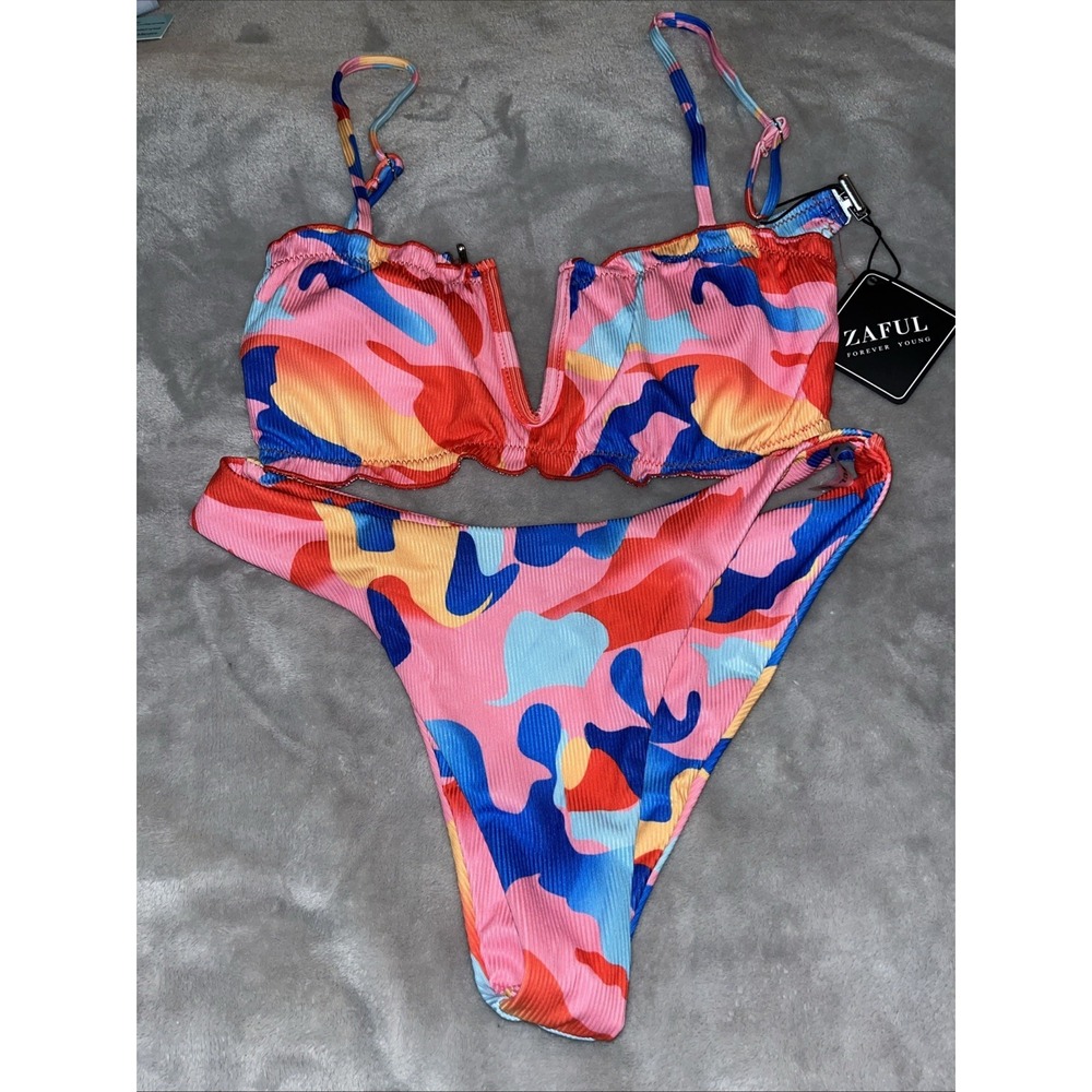 Zaful Pink Multiprinted Two Piece Bikini Swimsuit Women's Size Small‎ New